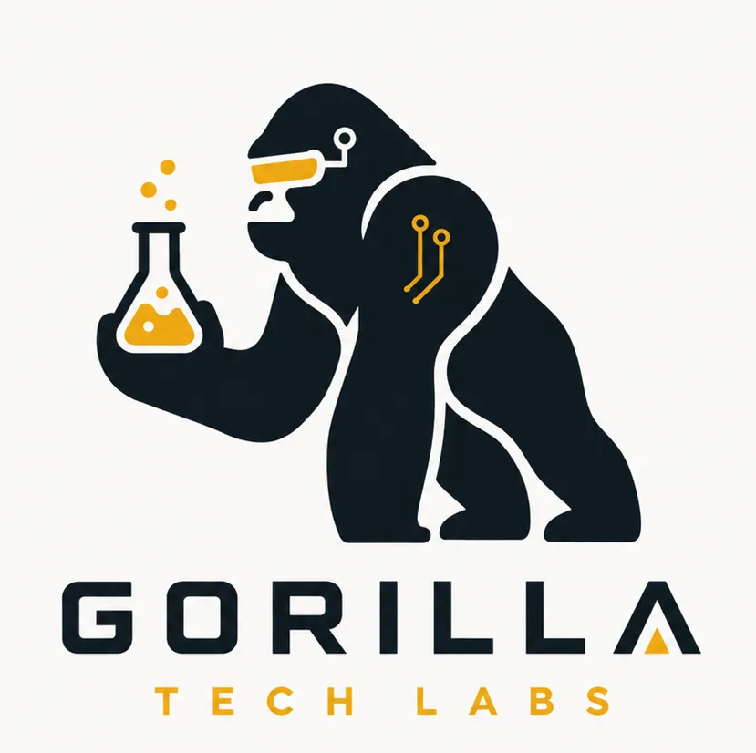 Conceito visual Gorilla Tech Labs: gorila segurando um frasco de laboratório